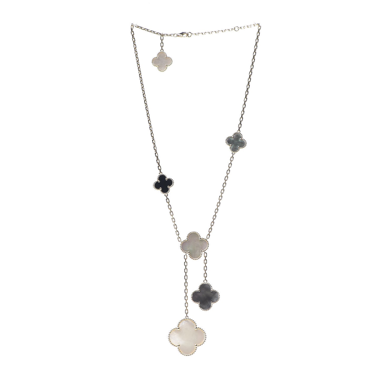 18K Yellow Gold Mother of Pearl Onyx 6 Motifs Magic Alhambra Necklace