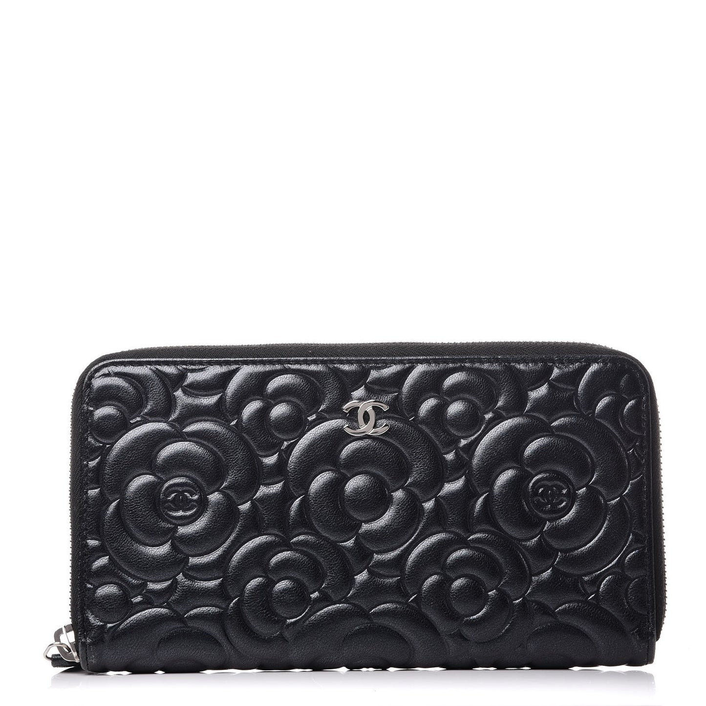 Lambskin Camellia Embossed Large Zip Around Gusset Wallet Black