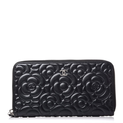 Chanel Lambskin Camellia Embossed Large Zip Around Gusset Wallet Black 1 of 14
