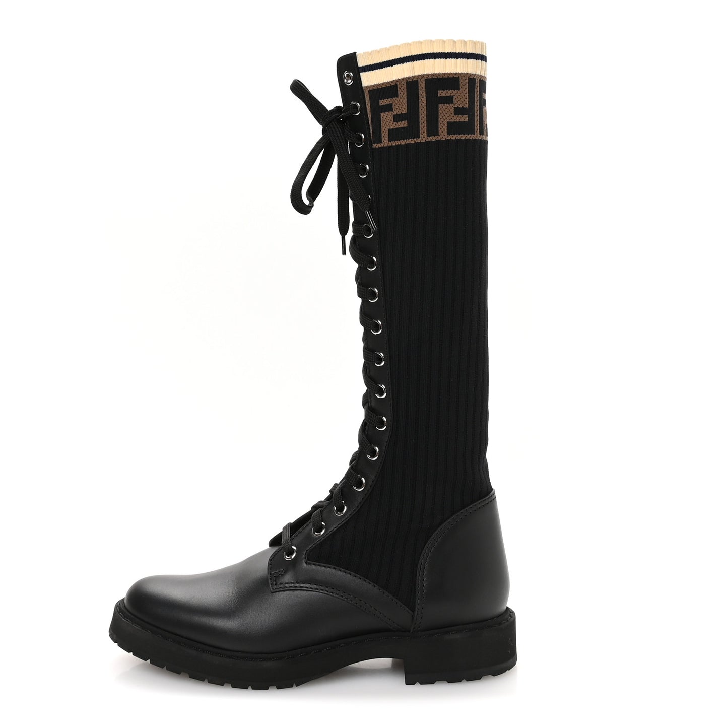 Calfskin Stretch Fabric FF Rockoko Tall Biker Boots 37 Tobacco Black Marino