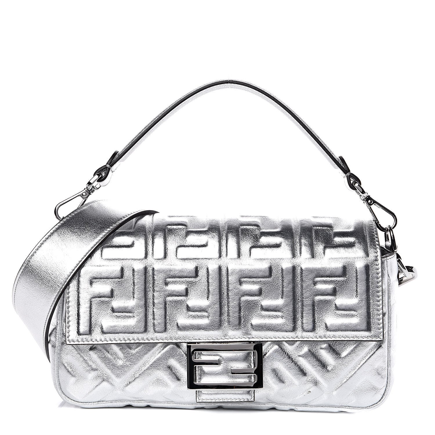 Fendi Vitello Catalan Mirror FF 1974 Embossed Baguette Argento 1 of 11