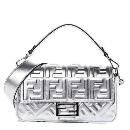 Fendi Vitello Catalan Mirror FF 1974 Embossed Baguette Argento 1 of 11
