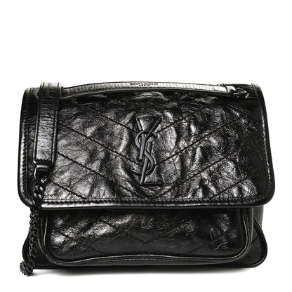 Saint Laurent Crinkled Calfskin Matelasse Monogram Baby Niki Chain Satchel Black 1 of 16