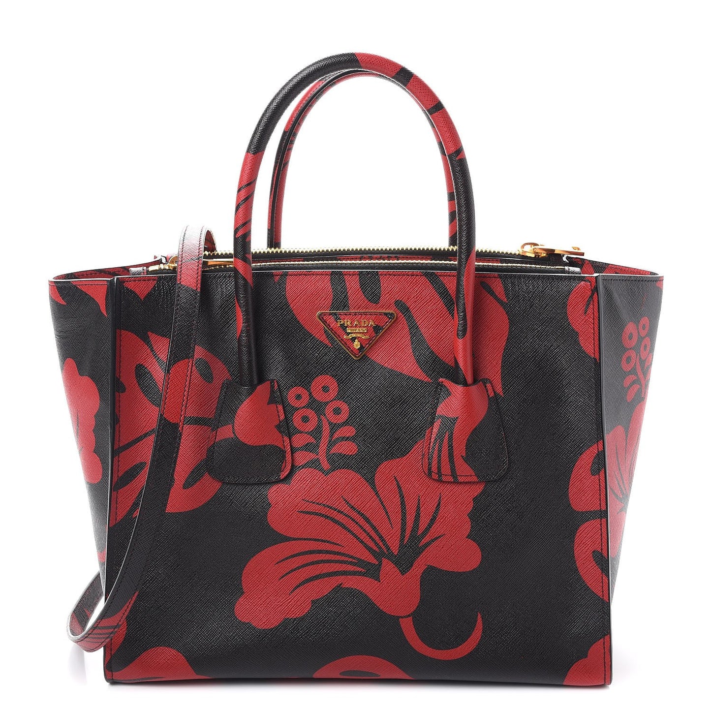 Saffiano Hibiscus Print Twin Pocket Tote Rosso