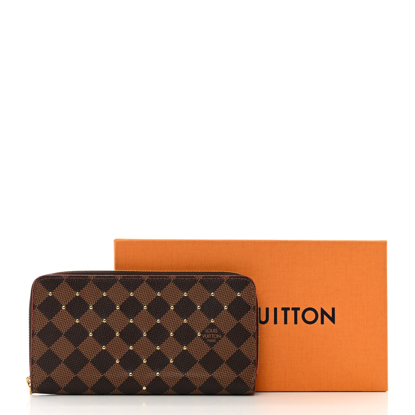 Damier Ebene Studded Zippy Wallet Cherry