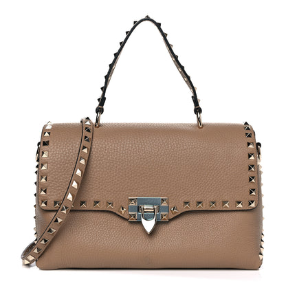 Valentino Garavani Grained Calfskin Rockstud Single Handle Flap Bag Beige 1 of 13