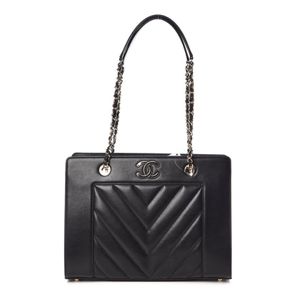Chanel Sheepskin Chevron Quilted Mademoiselle Vintage Shopping Tote Black 1 of 10