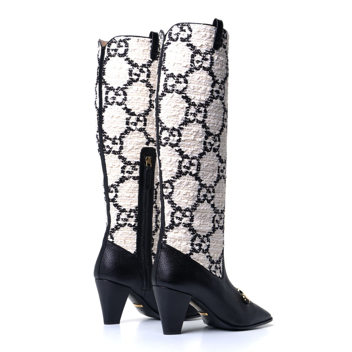 Tweed GG Monogram Wrinkled Kid Zumi Knee Boots 37.5 Natural Black