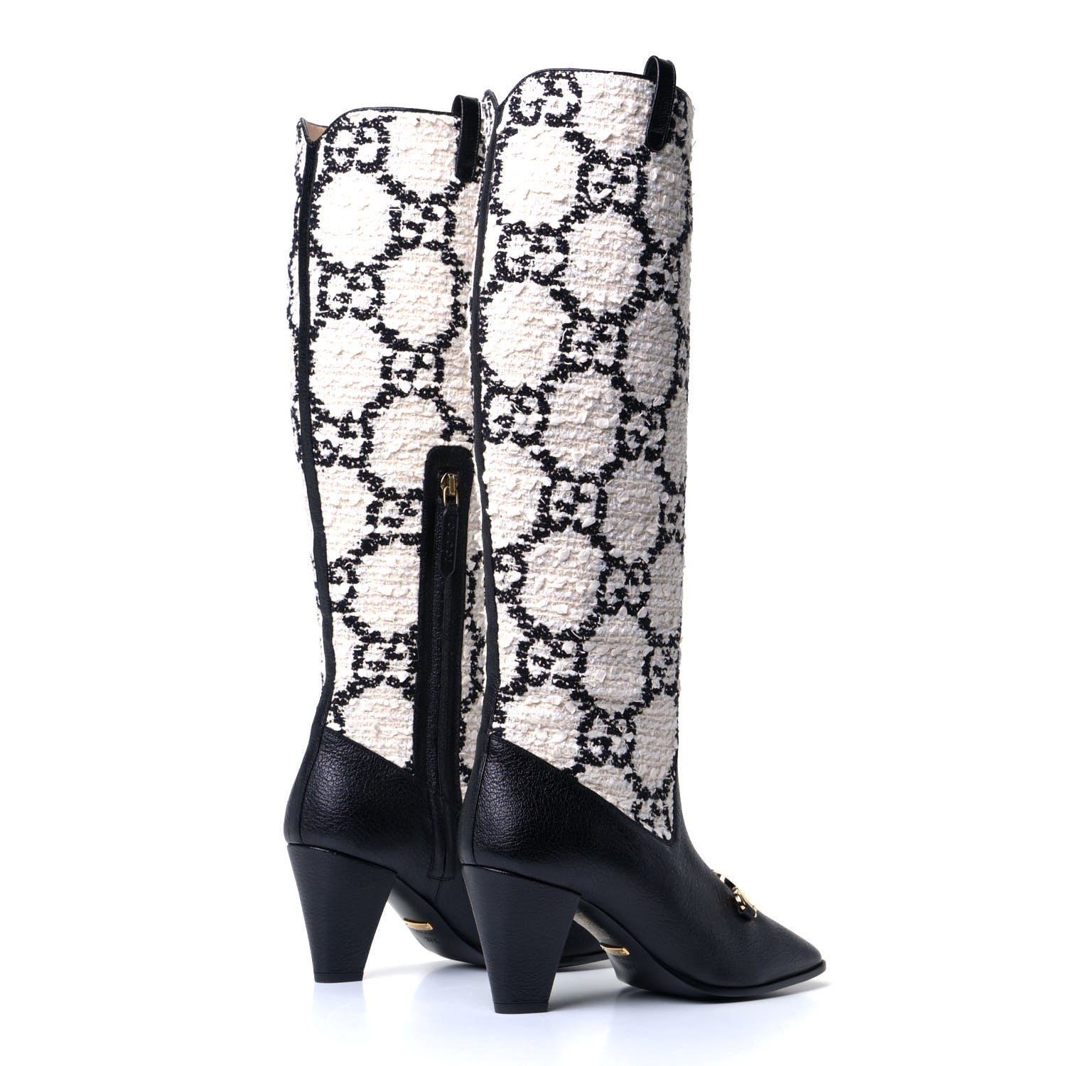 Gucci Tweed GG Monogram Wrinkled Kid Zumi Knee Boots 37.5 Natural Black 2 of 4