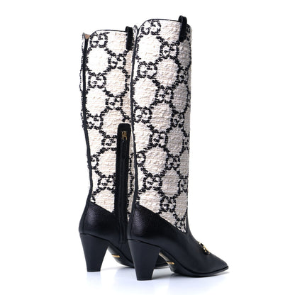 Gucci Tweed GG Monogram Wrinkled Kid Zumi Knee Boots 37.5 Natural Black 2 of 4