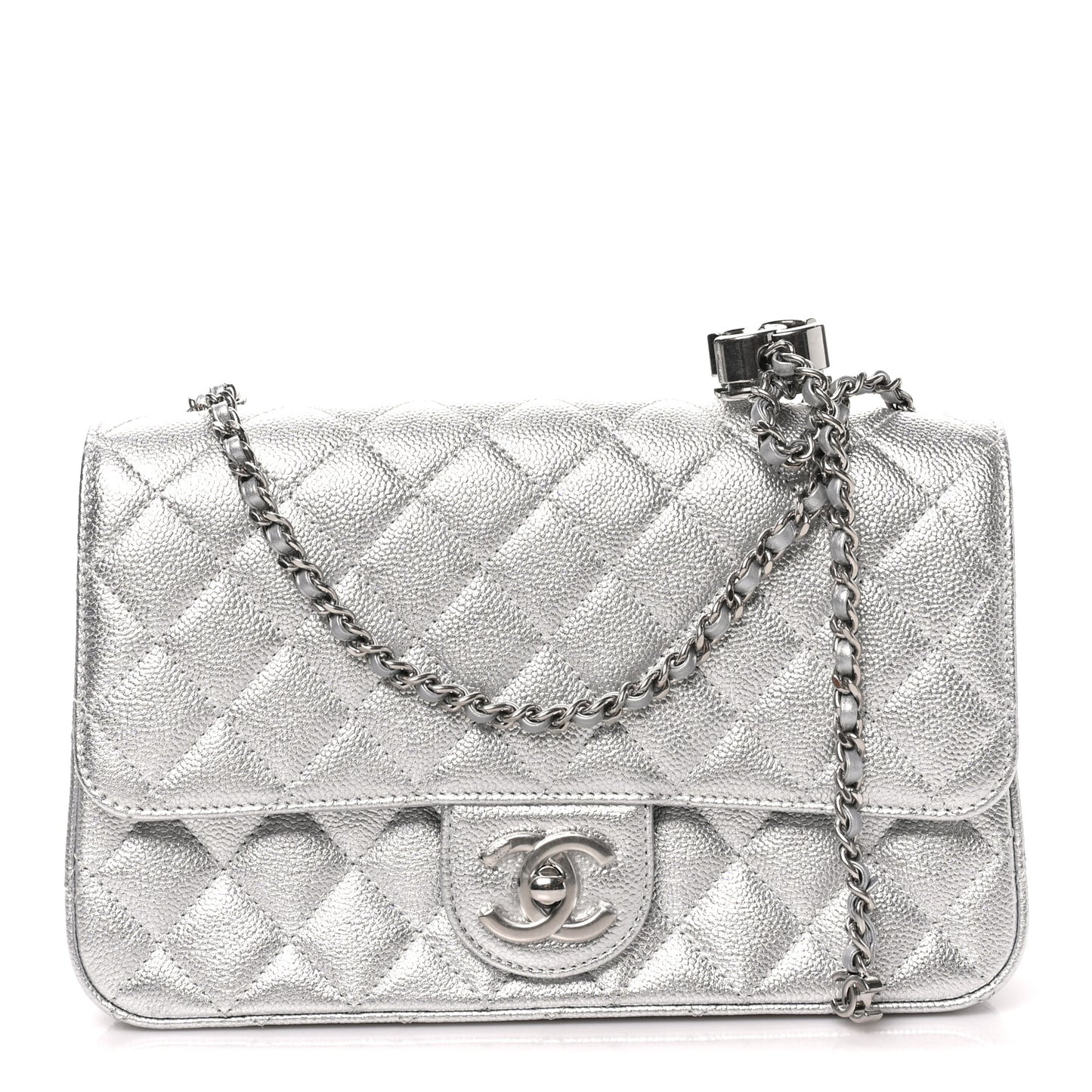 Metallic Caviar Quilted Medium CC Slide Flap Silver