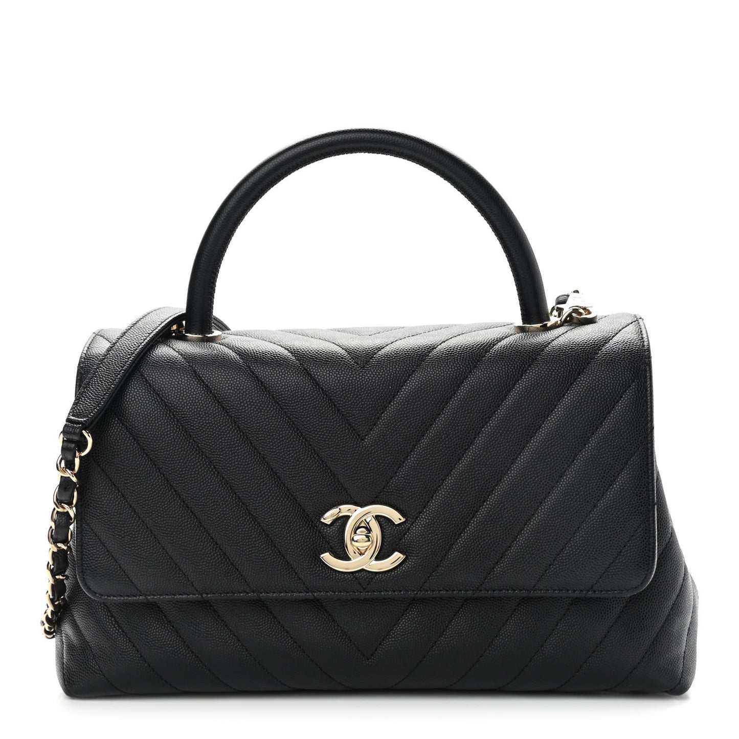Caviar Chevron Quilted Small Coco Handle Flap Black