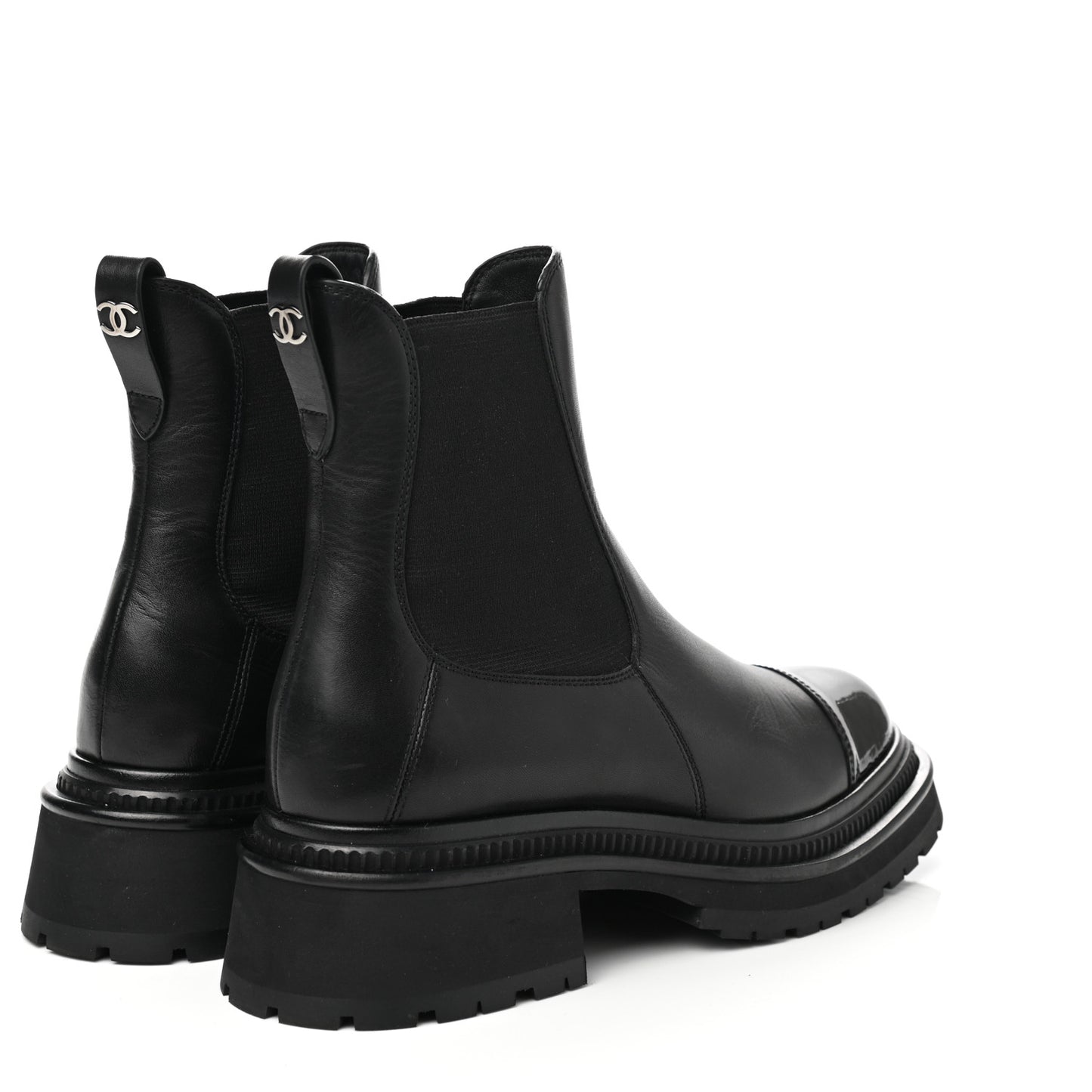 Calfskin Patent Cap Toe Ankle Boots 37.5 Black