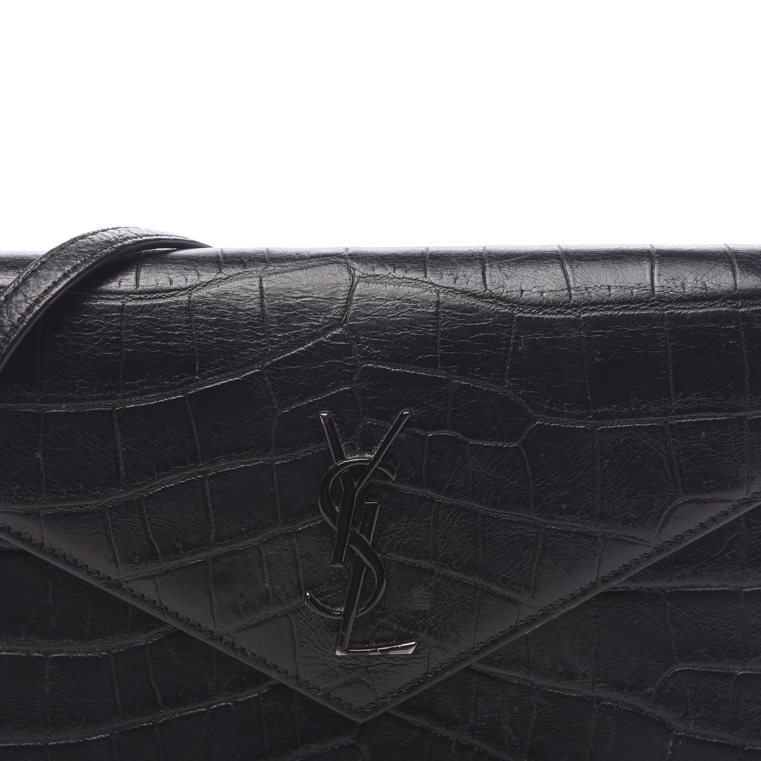 Saint Laurent Calfskin Crocodile Embossed Monogram Envelope Chain Wallet Black 10 of 10
