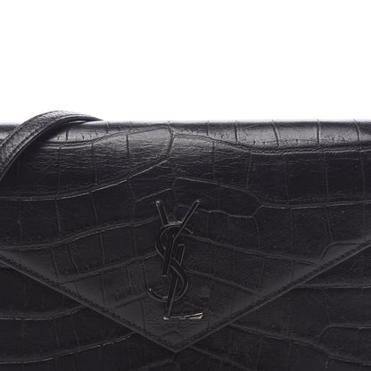 Saint Laurent Calfskin Crocodile Embossed Monogram Envelope Chain Wallet Black 10 of 10