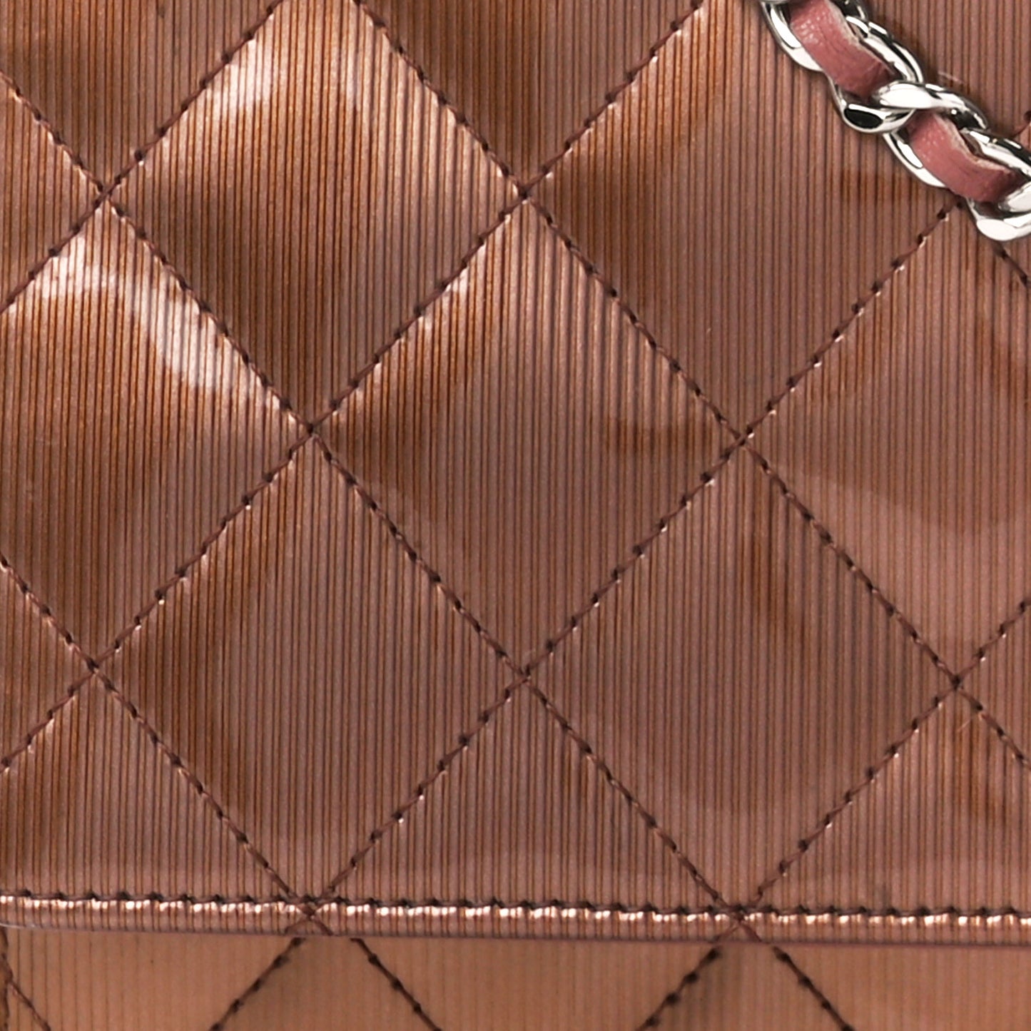Metallic Striated Patent Quilted Wallet on Chain WOC Bronze