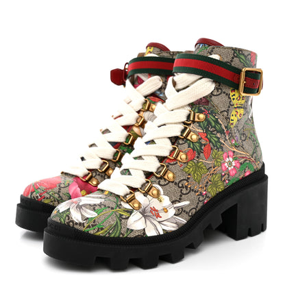 Gucci GG Supreme Monogram Flora Lace Up Combat Ankle Boots 36 Beige Multicolor Red 4 of 9