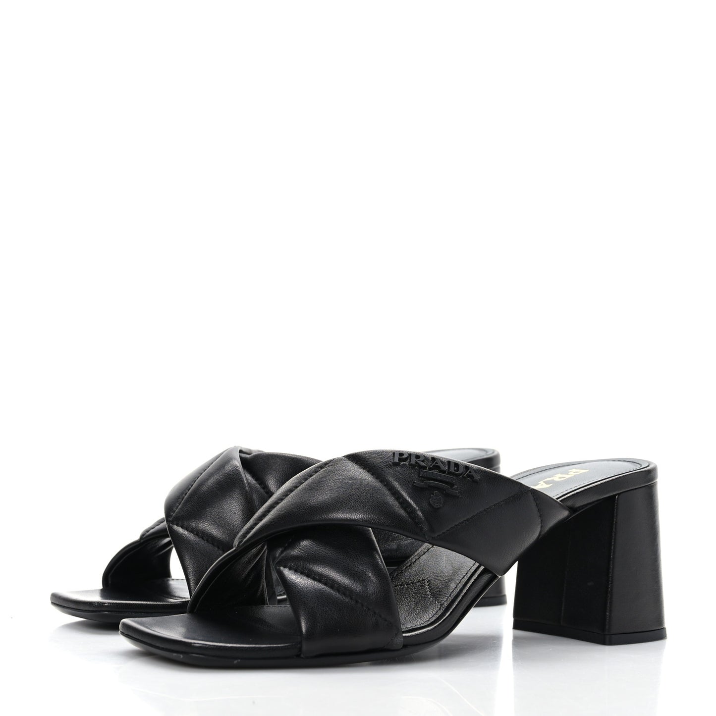 Nappa Logo Quilted Crisscross 65mm Block Heel Slide Sandals 39 Black