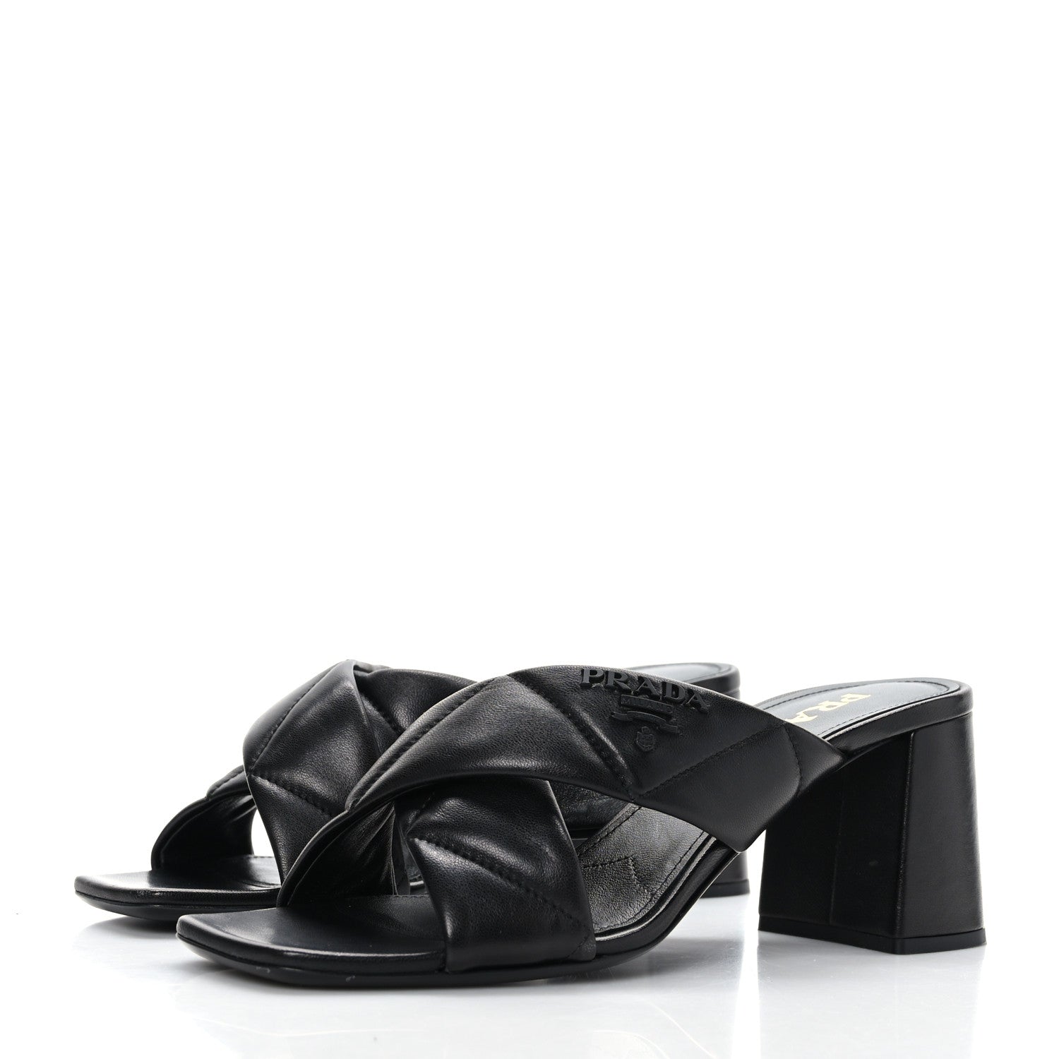 Prada Nappa Logo Quilted Crisscross 65mm Block Heel Slide Sandals 39 Black 3 of 7