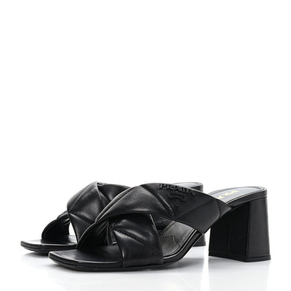Prada Nappa Logo Quilted Crisscross 65mm Block Heel Slide Sandals 39 Black 3 of 7