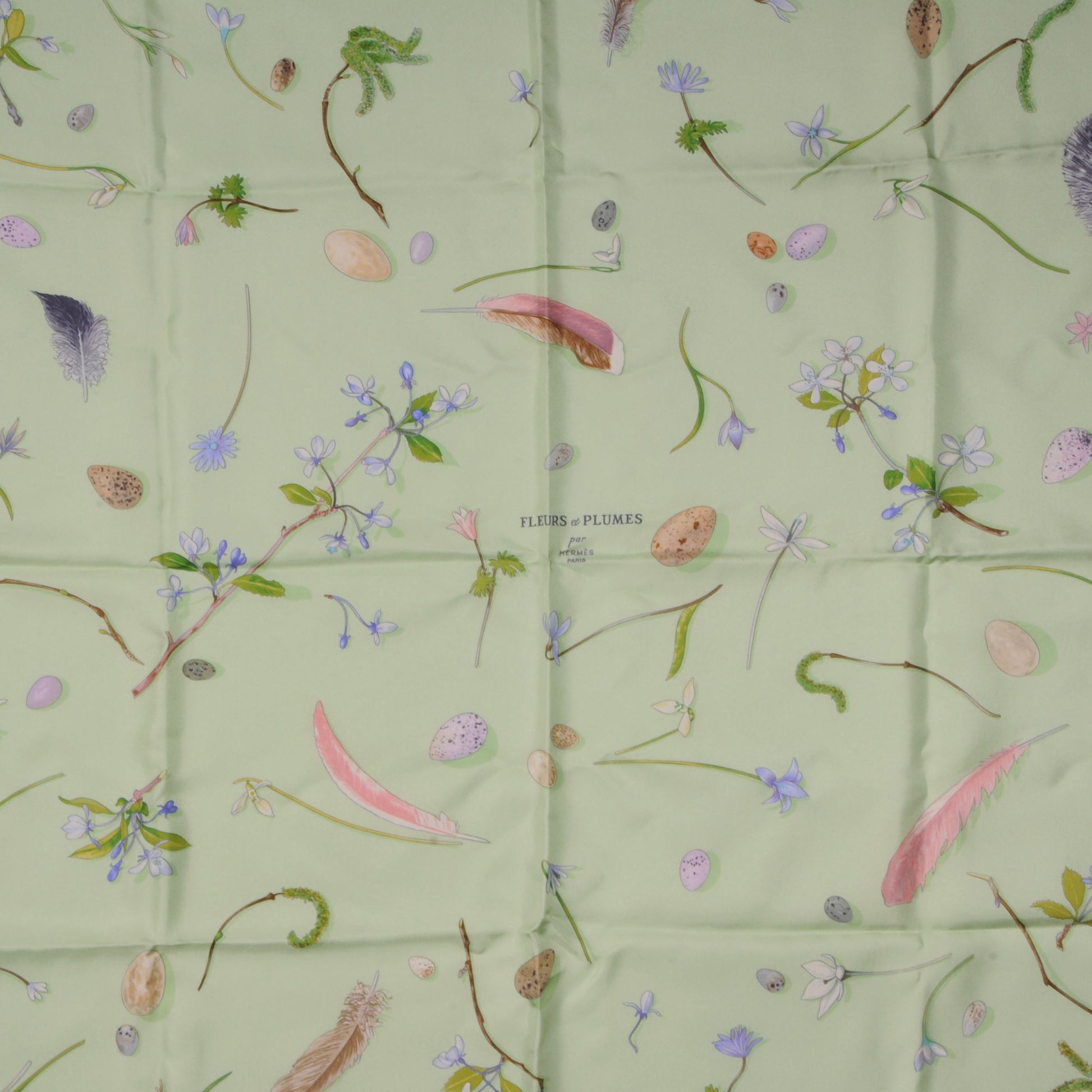 Hermes Silk Fleurs et Plumes Scarf 90 Green 1 of 5