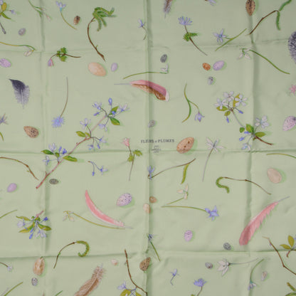 Hermes Silk Fleurs et Plumes Scarf 90 Green 1 of 5