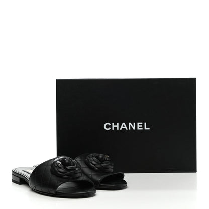 Chanel Lambskin Quilted Camellia CC Slides 37 Black 9 of 9