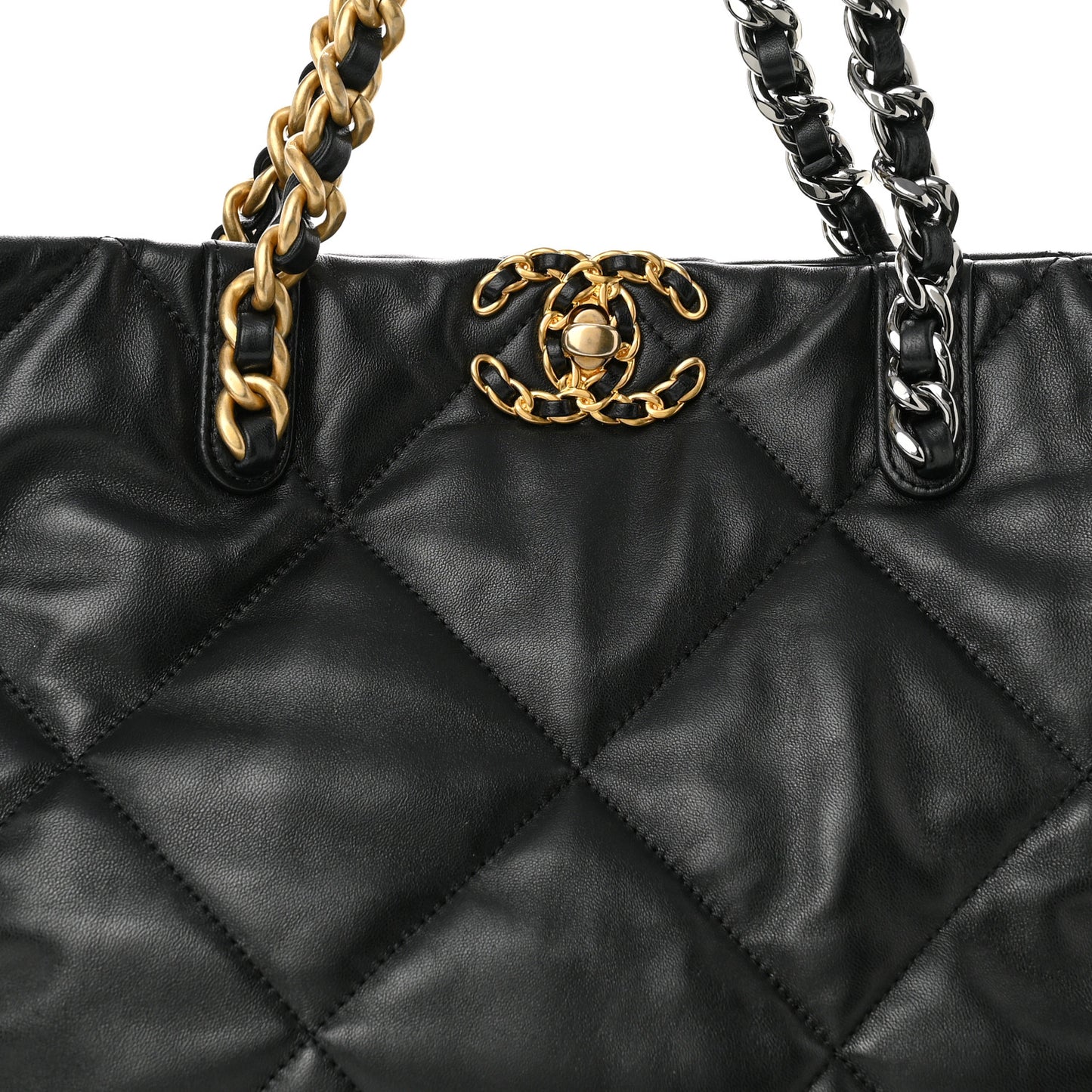 Lambskin Quilted Chanel 19 East West Shopping Bag Black