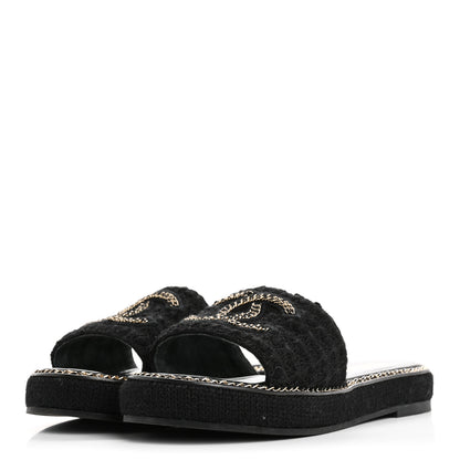 Chanel Wool Alpaca Chain CC Slide Sandals 37 Black 4 of 12
