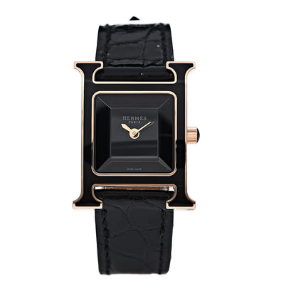 Hermes 18K Rose Gold Alligator Lacquer 21mm Heure H Hour Quartz Watch Noir 1 of 7