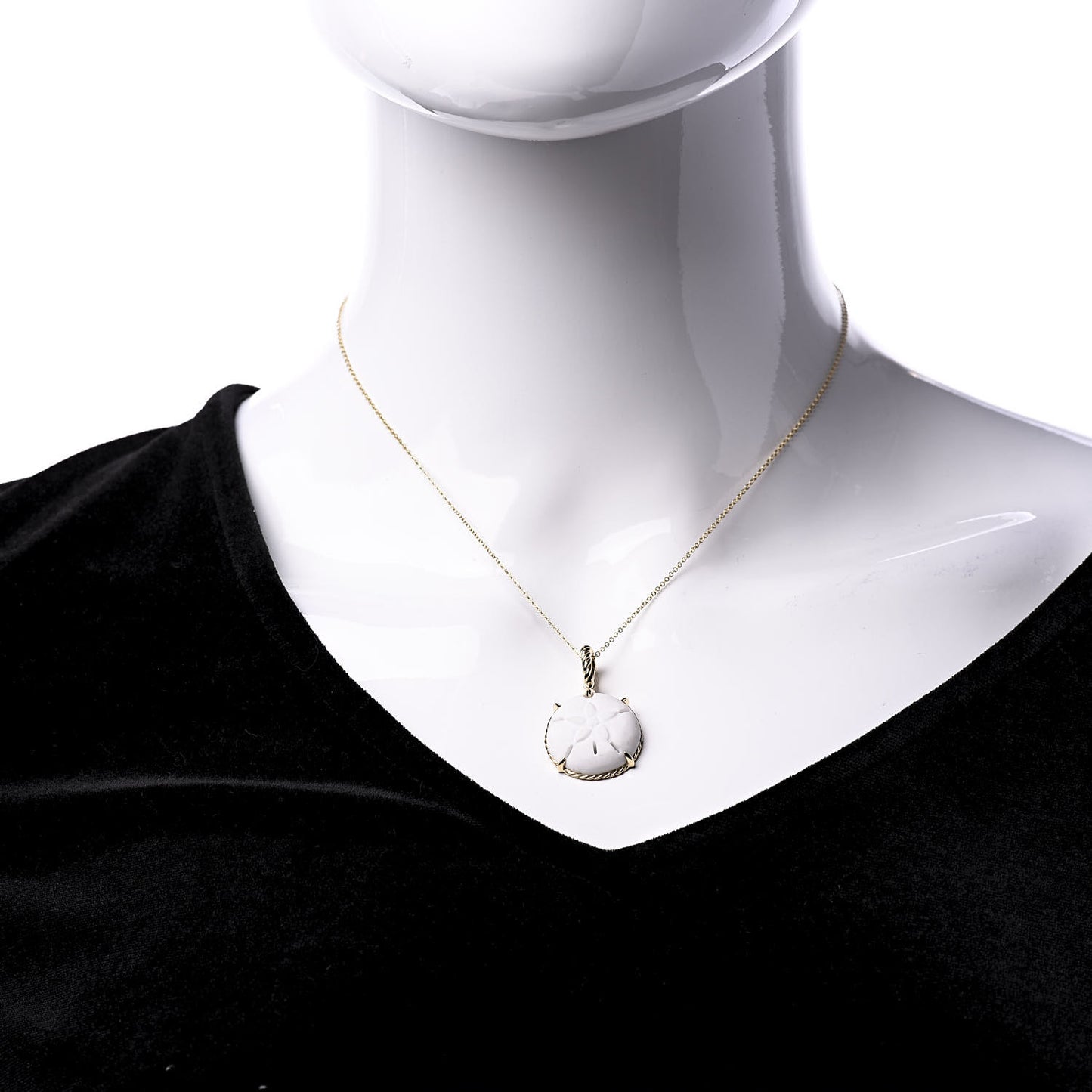 18K Yellow Gold White Agate Sand Dollar Amulet Pendant Necklace