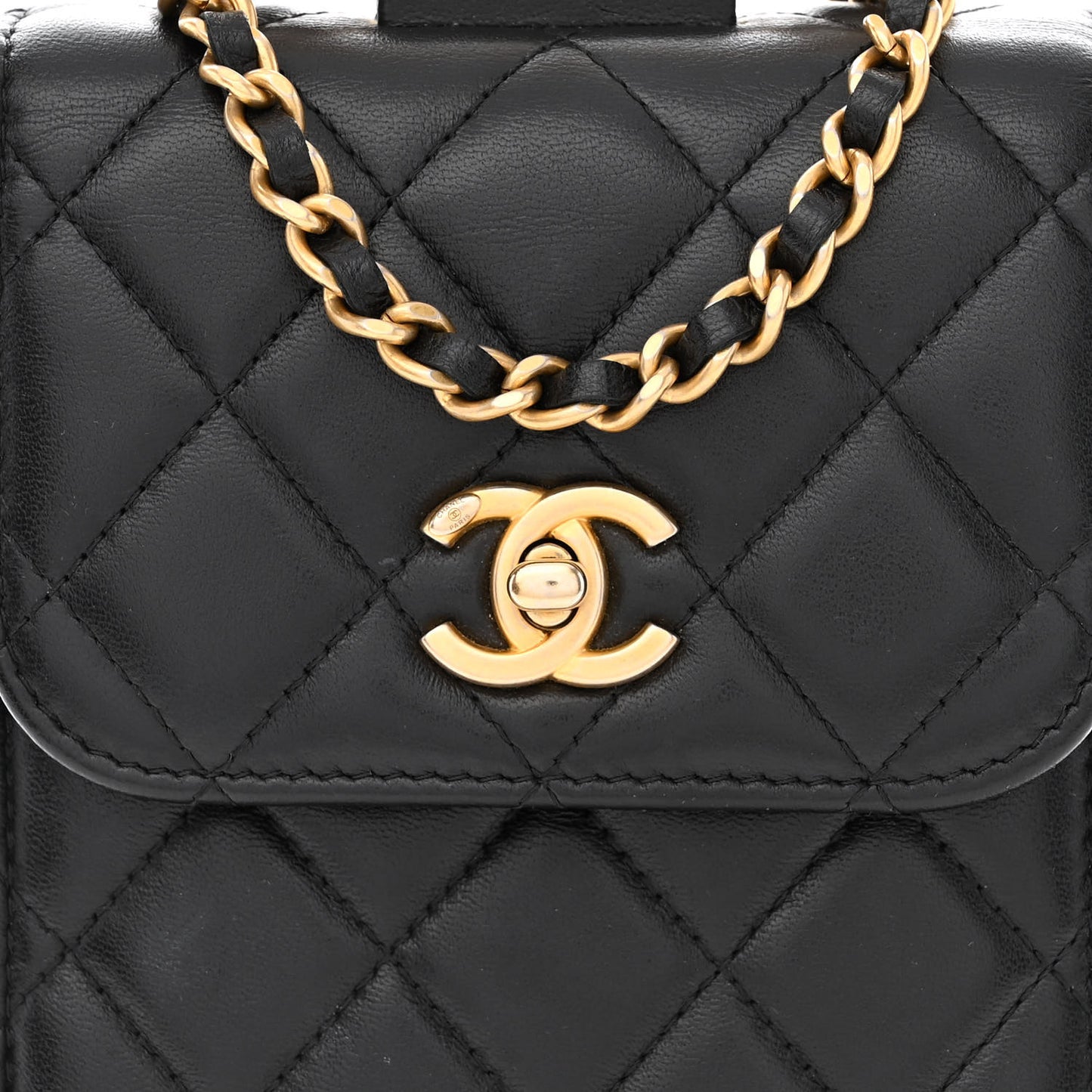 Lambskin Quilted Pearl Crown Phone Holder Black