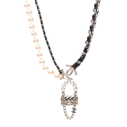 Chanel Lambskin Pearl Quilted Flap Necklace Gold Black Pearly White 1 of 6