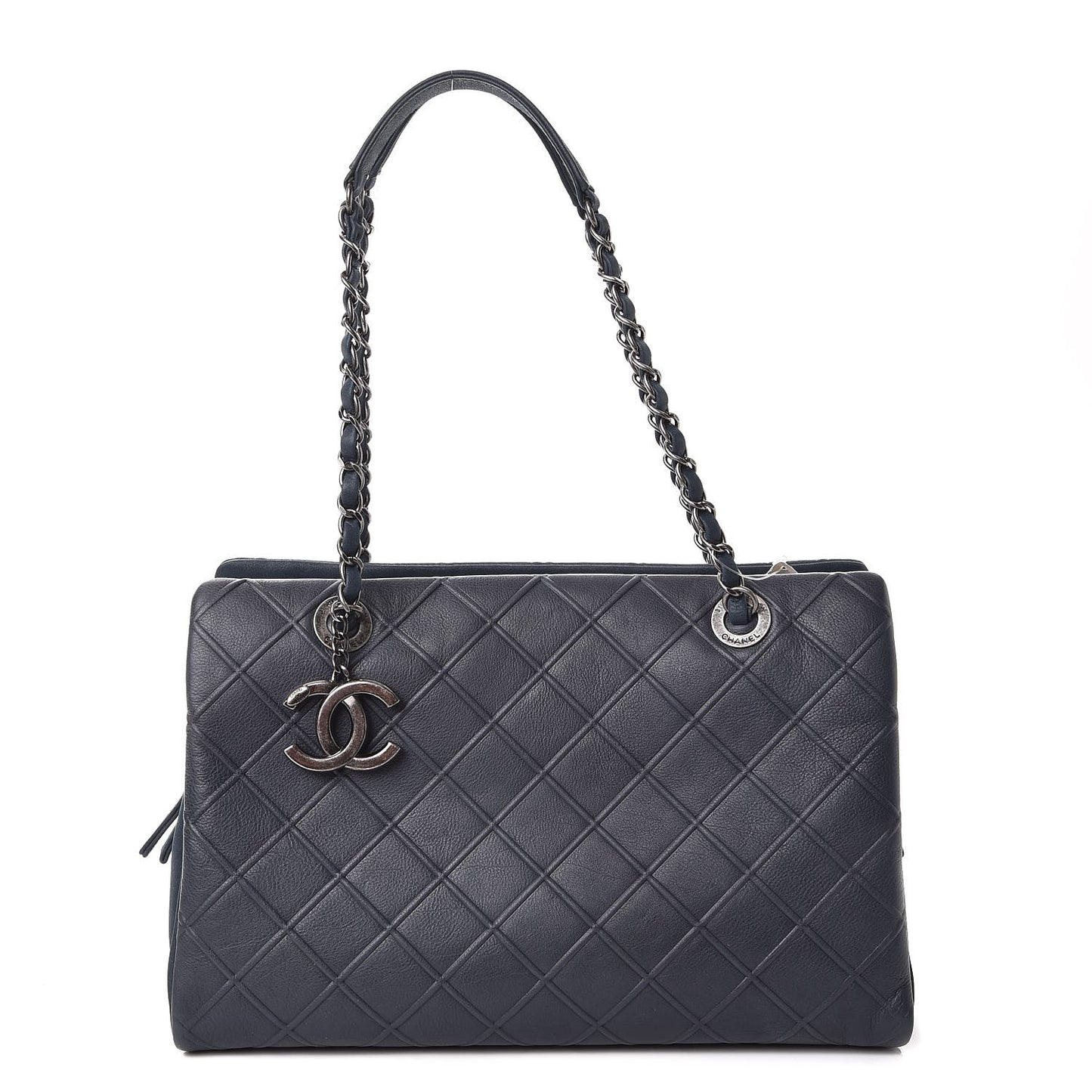 Calfskin Diamond Embossed Large CC Zip Shopping Tote Blue