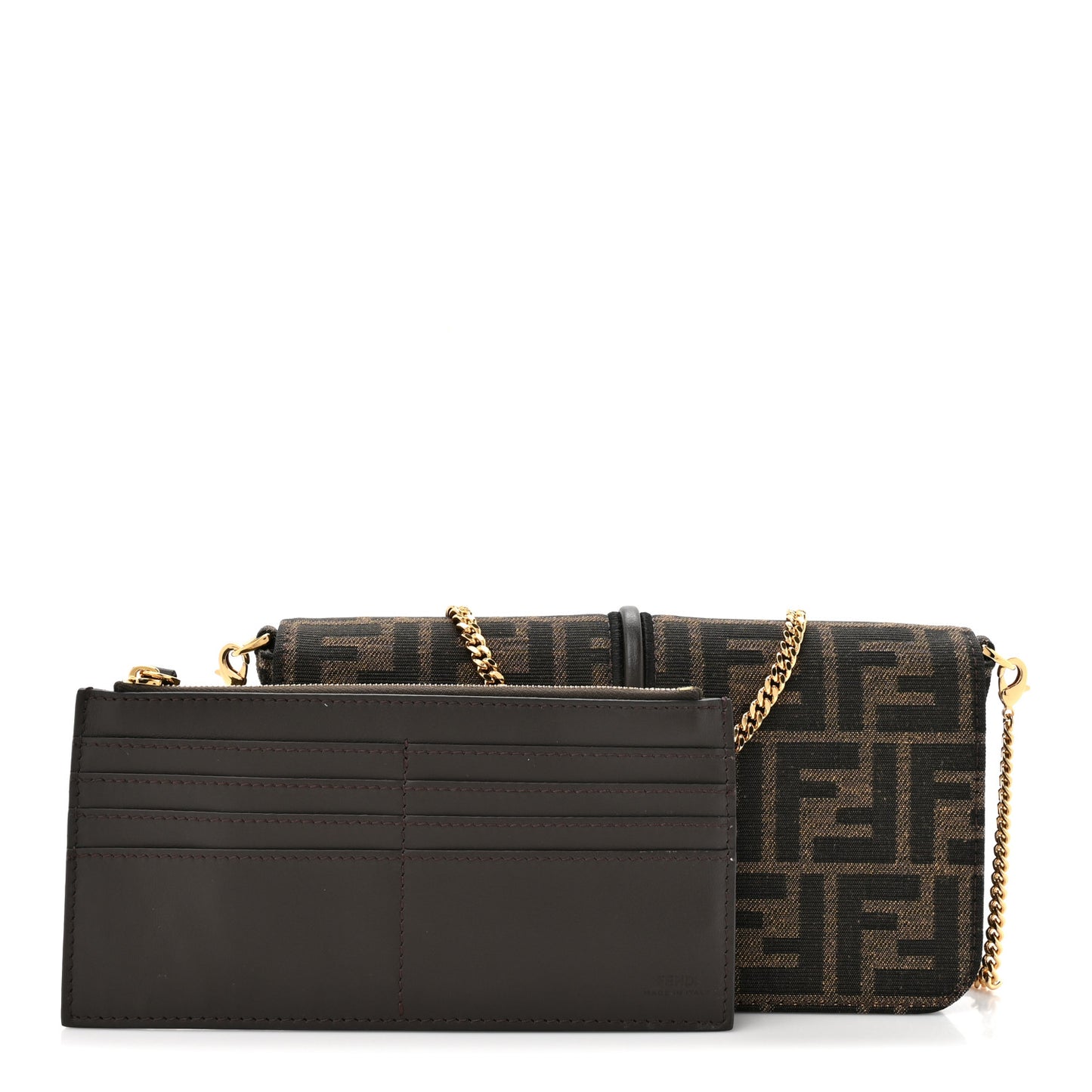 Fabric Jacquard Vitello Grace FF 1974 Fendigraphy Wallet On Chain Tobacco Moro Ebano