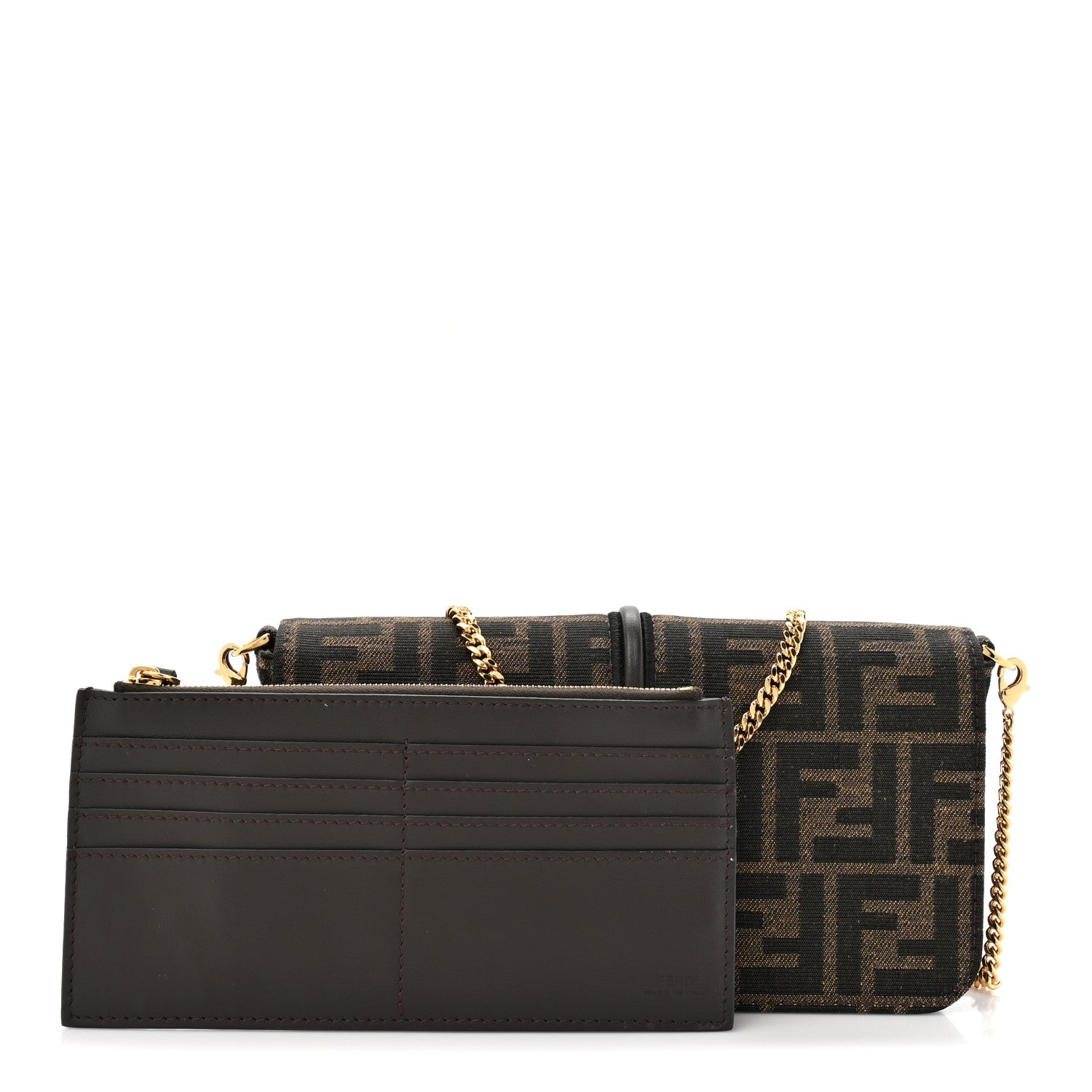 Fendi Fabric Jacquard Vitello Grace FF 1974 Fendigraphy Wallet On Chain Tobacco Moro Ebano 3 of 12