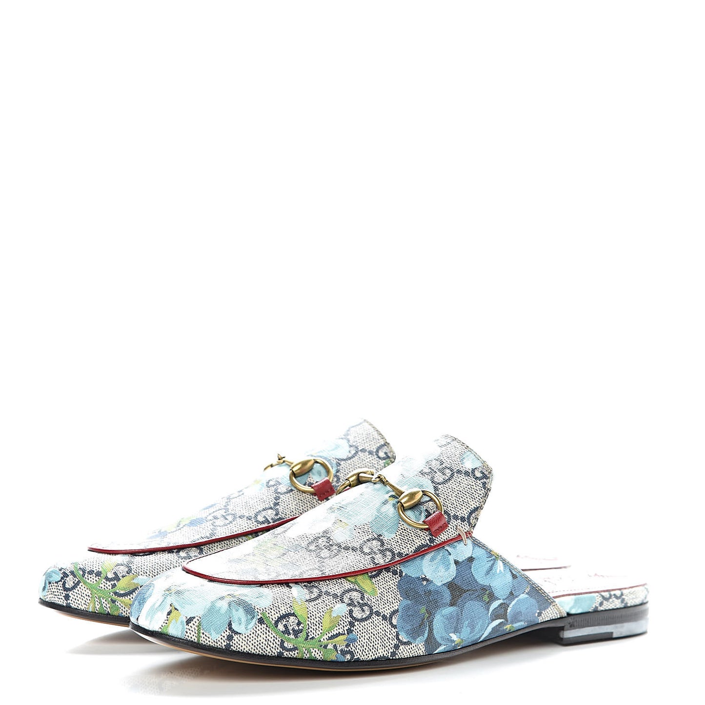 GG Supreme Monogram Blooms Womens Princetown Slippers 37.5 Beige Blue Navy Hibiscus Red