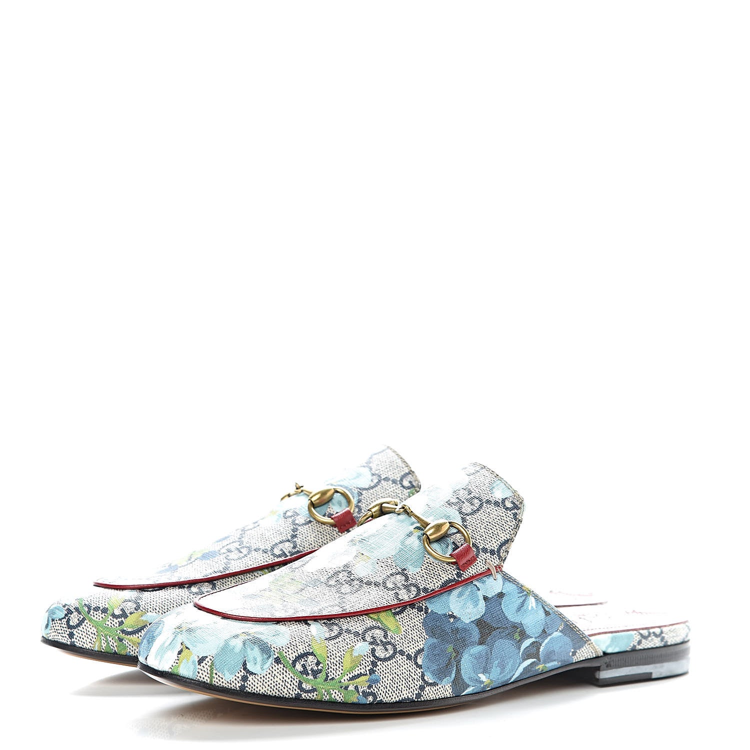 Gucci GG Supreme Monogram Blooms Womens Princetown Slippers 37.5 Beige Blue Navy Hibiscus Red 3 of 9