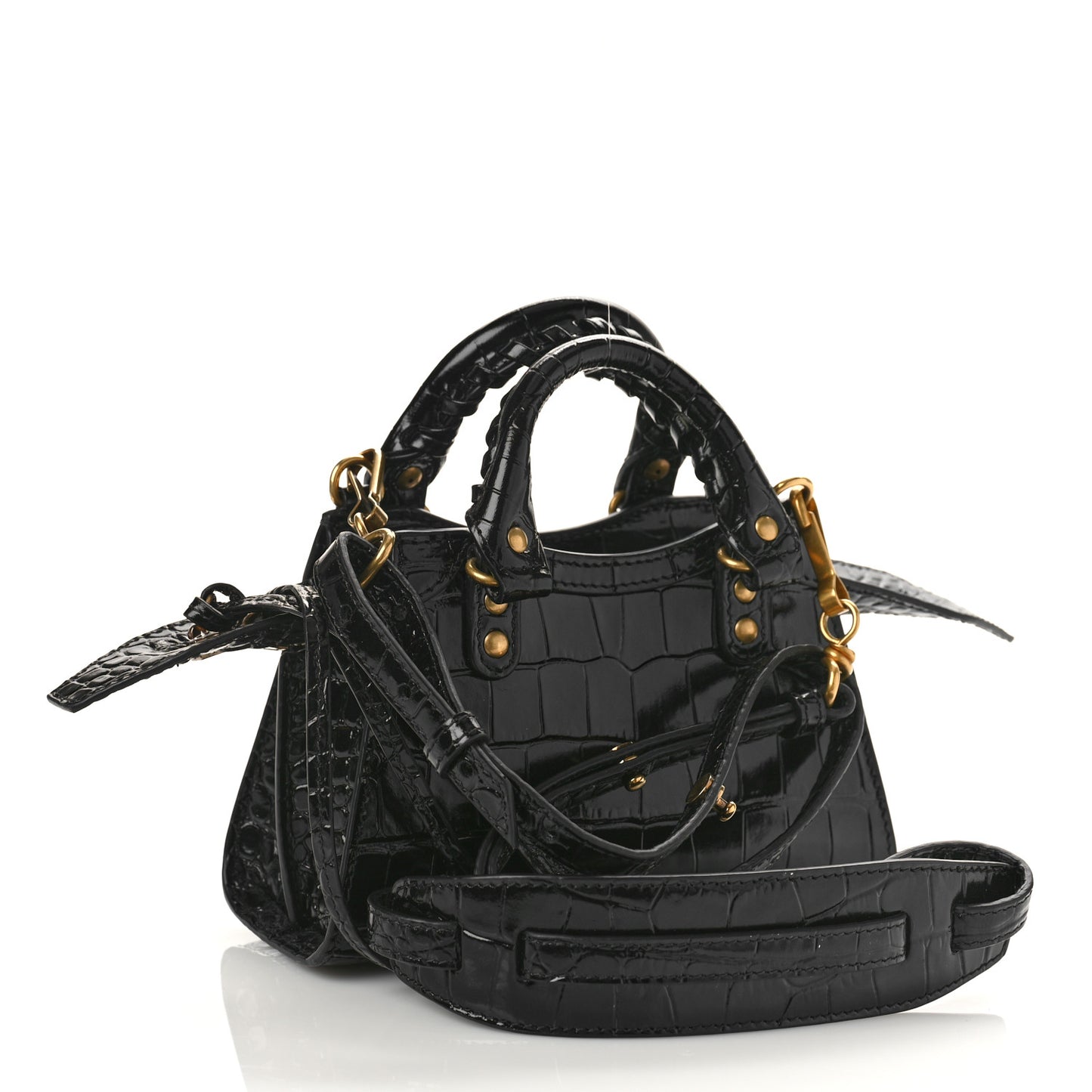 Shiny Supple Calfskin Crocodile Embossed Neo Classic Gold Hardware Nano City Crossbody Black