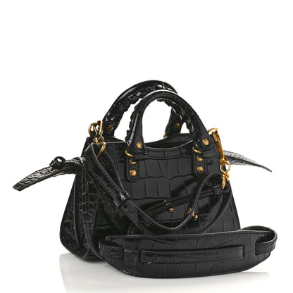 Balenciaga Shiny Supple Calfskin Crocodile Embossed Neo Classic Gold Hardware Nano City Crossbody Black 3 of 8