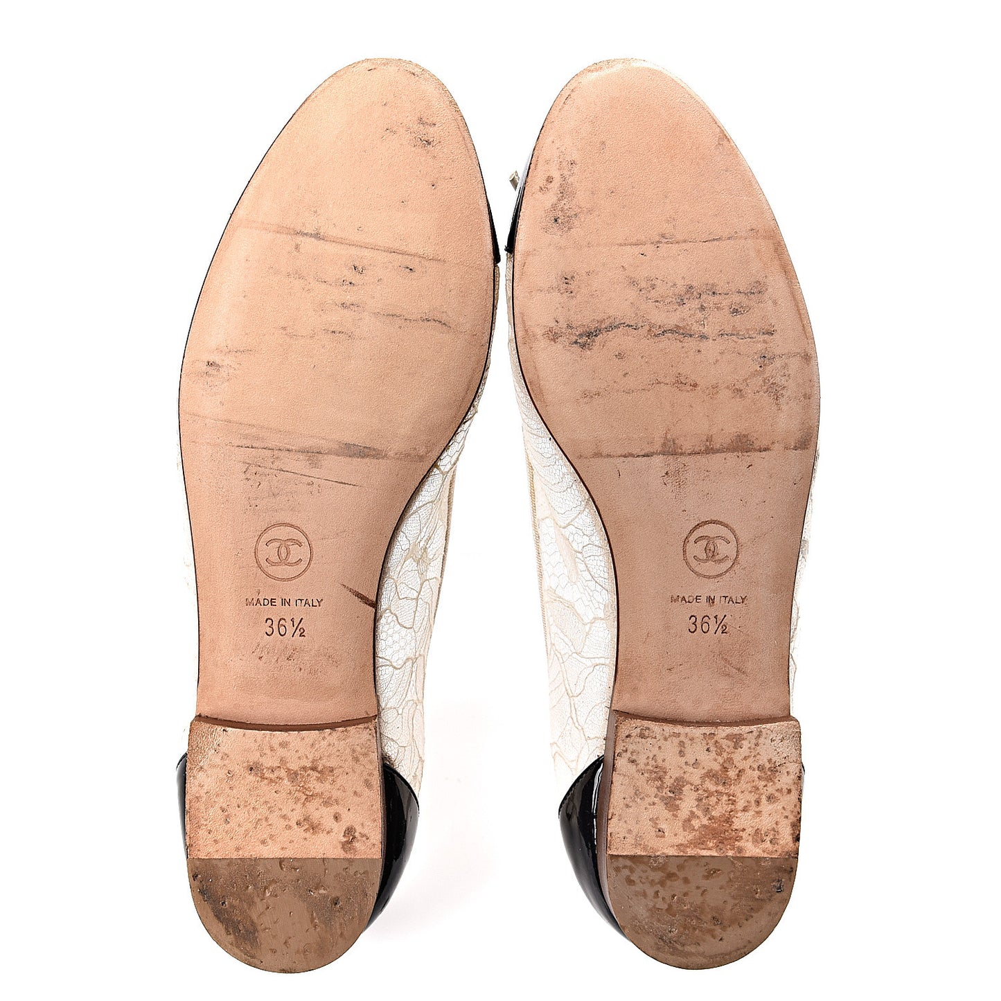 Lace Patent Calfskin Cap Toe CC Ballerina Flats 36.5 Off White Black