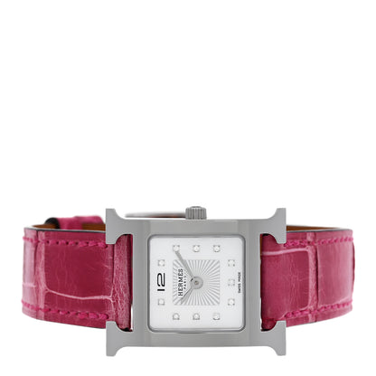 Hermes Stainless Steel Alligator Diamond Mother of Pearl 21mm Heure H Hour Quartz Watch Framboise 2 of 5