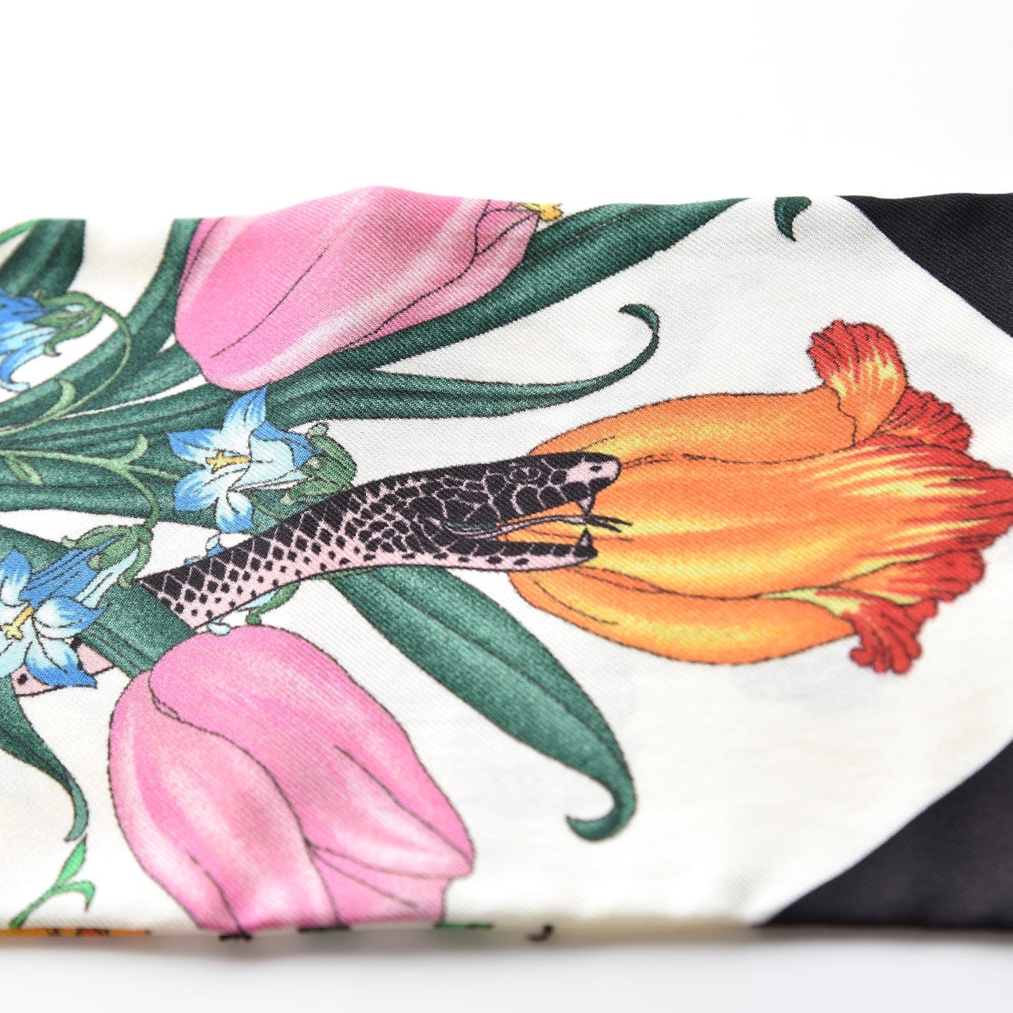 Silk Twill Flora Snake Neck Bow Scarf Ivory Black