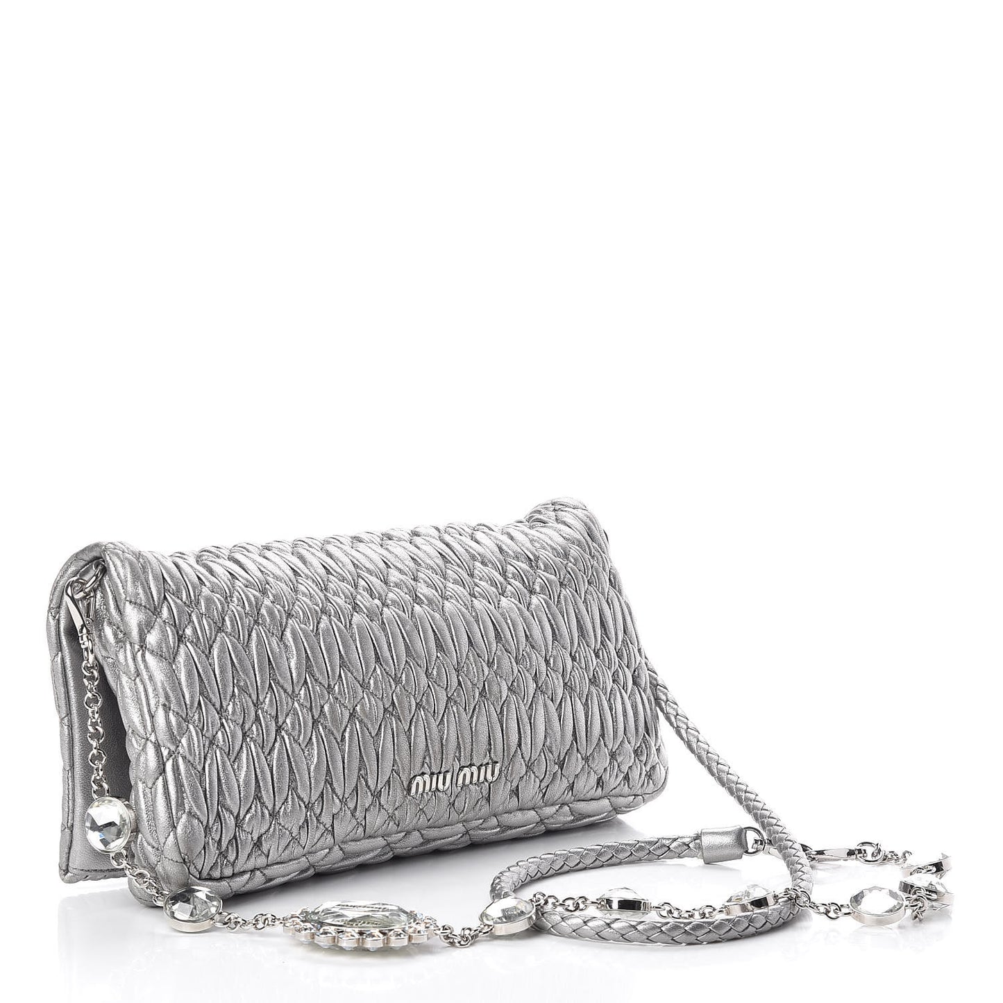 Metallic Nappa Matelasse Crystal Flap Clutch Cromo