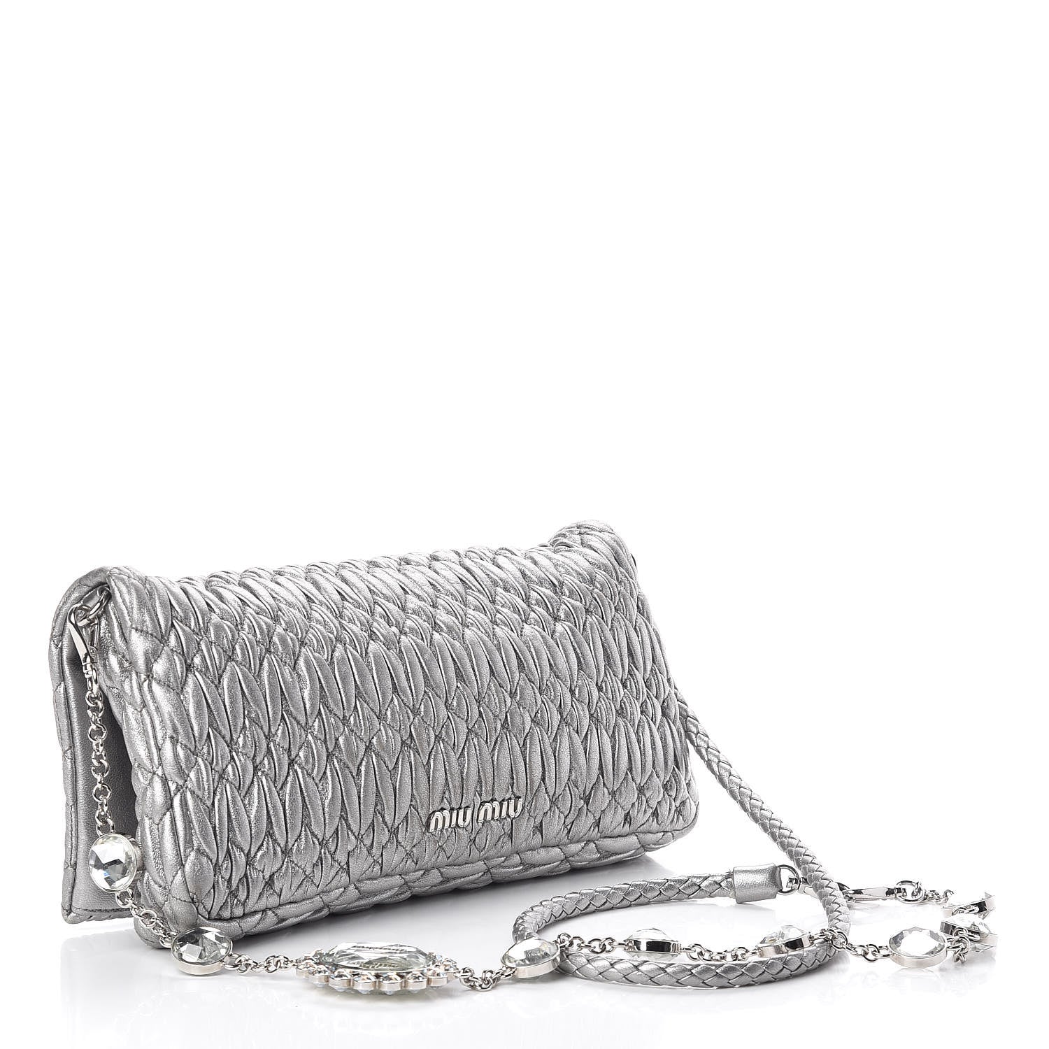 Miu Miu Metallic Nappa Matelasse Crystal Flap Clutch Cromo 3 of 10