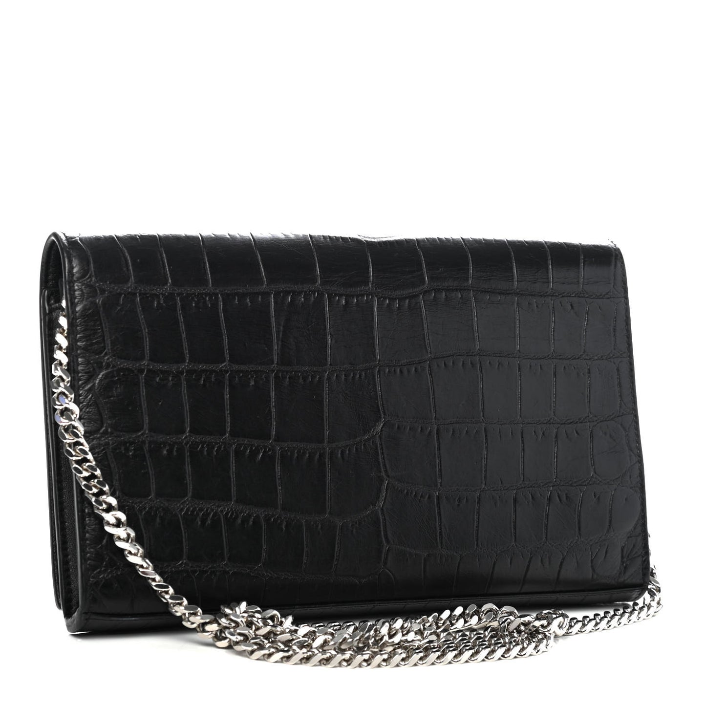 Calfskin Crocodile Embossed Monogram Chain Wallet Black