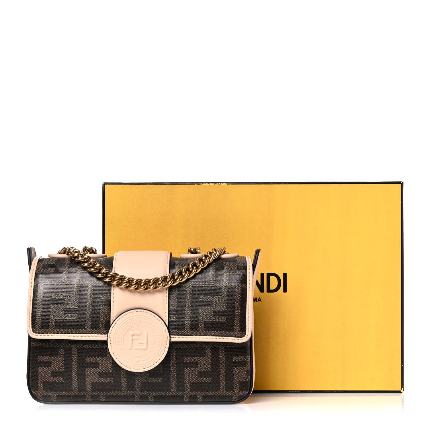 Fendi Glazed Fabric Vitello Century FF 1974 Stamp Patch Mini Double F Crossbody Bag Mogano Panna Plaster 10 of 10