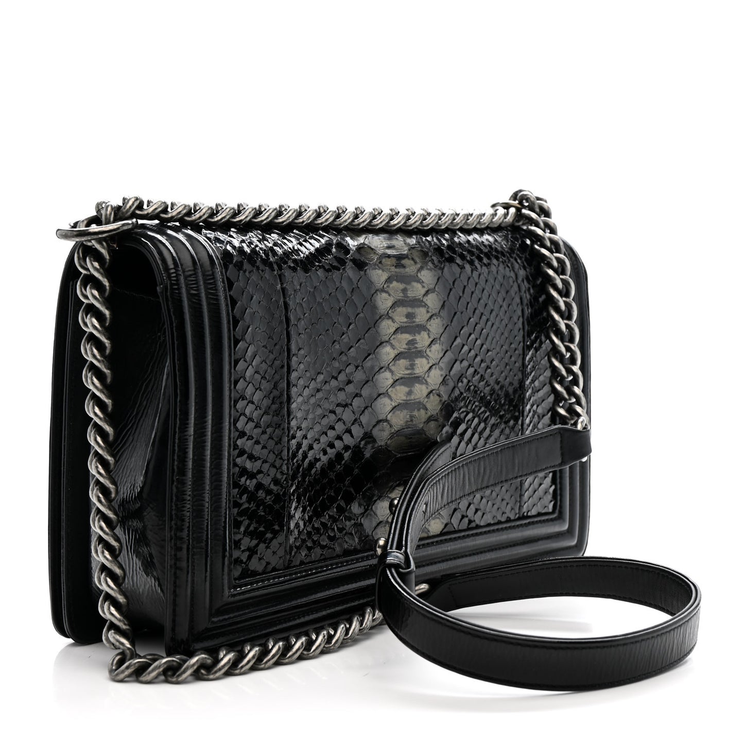 Patent Calfskin Snakeskin New Medium Boy Flap Black Silver
