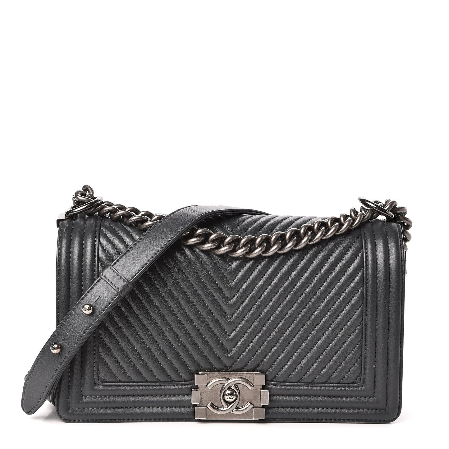 Calfskin Chevron Quilted Medium Boy Flap Grey