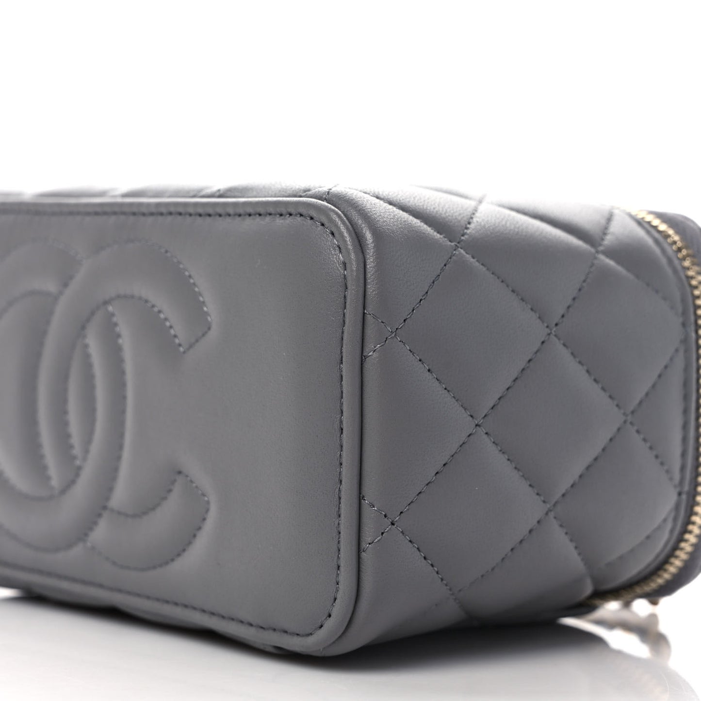 Lambskin Quilted Metal Small Top Handle Vanity Case With Chain Grey